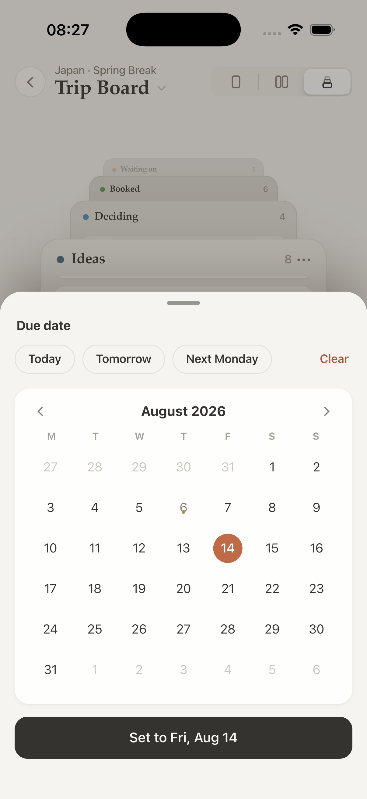 Setting a due date from a card
