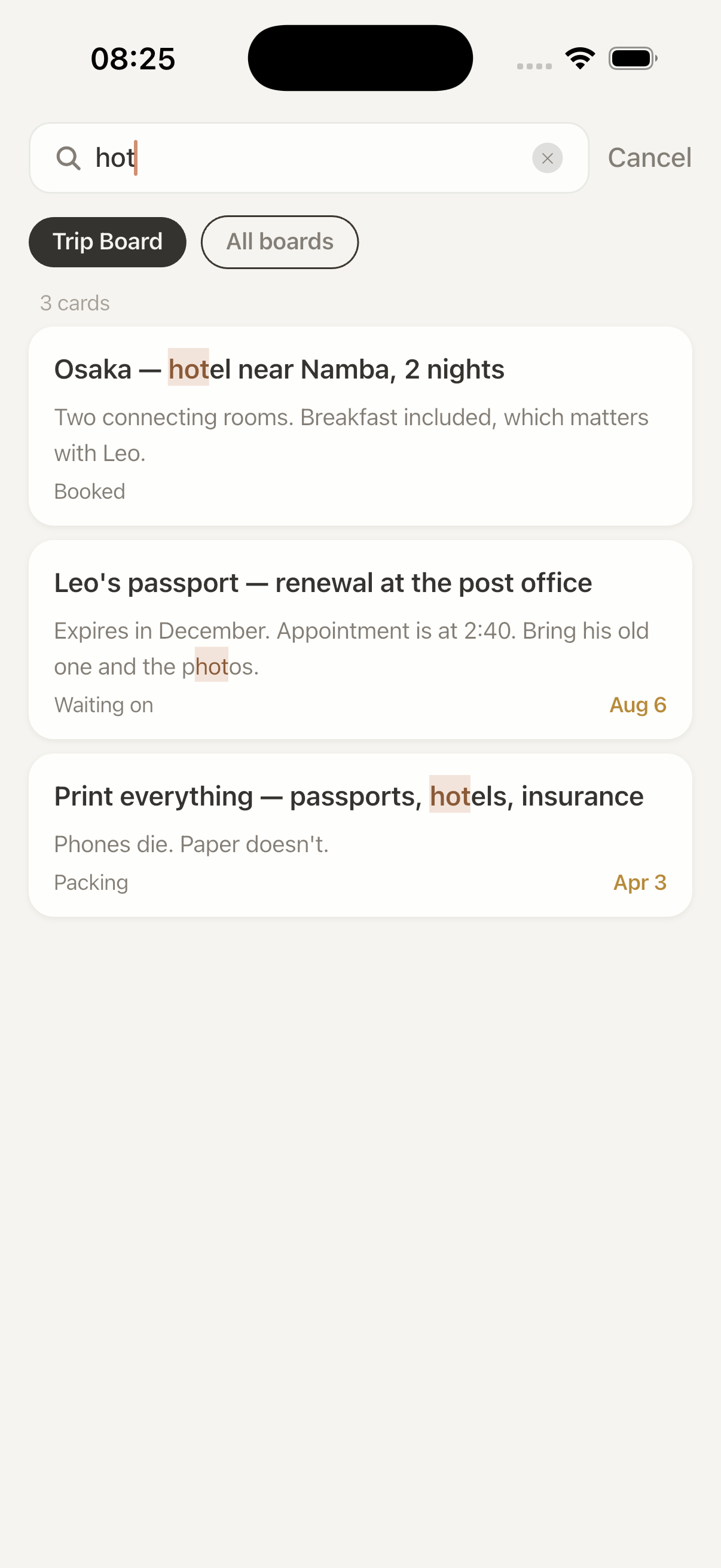 Search results across Next Card boards