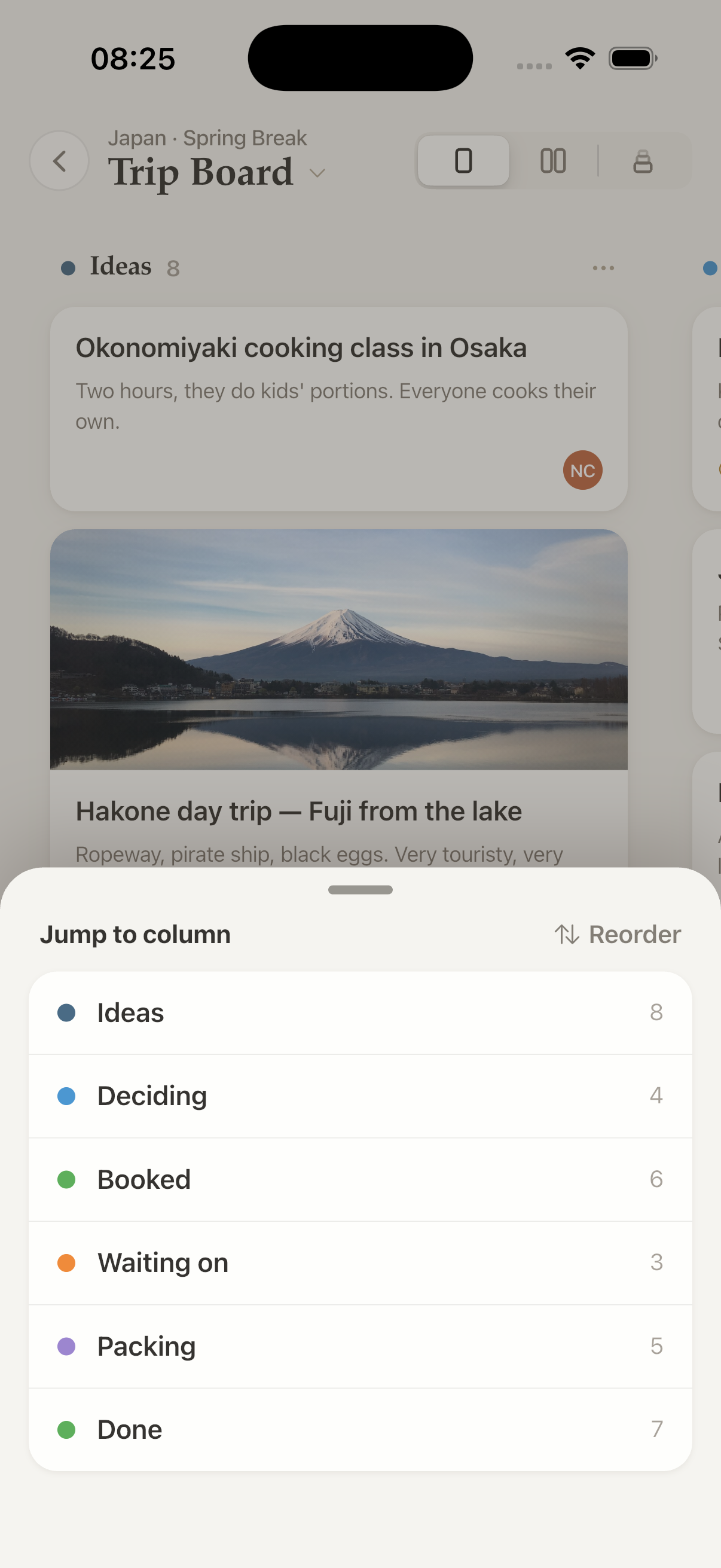Reordering board columns from a compact list